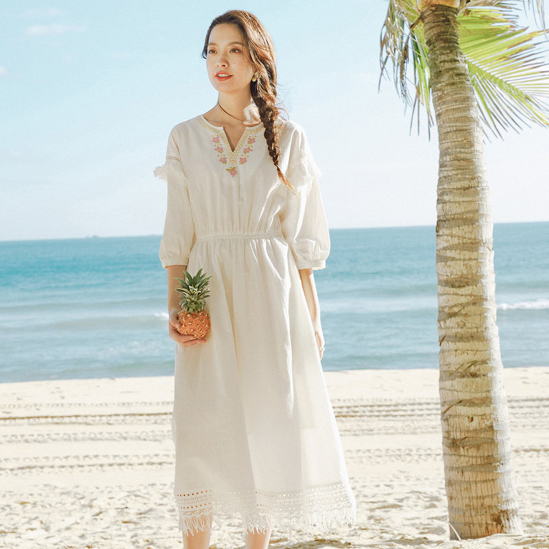 茵曼泡泡袖甜美夏季森系脚踝连衣裙 茵曼翰飞连衣裙