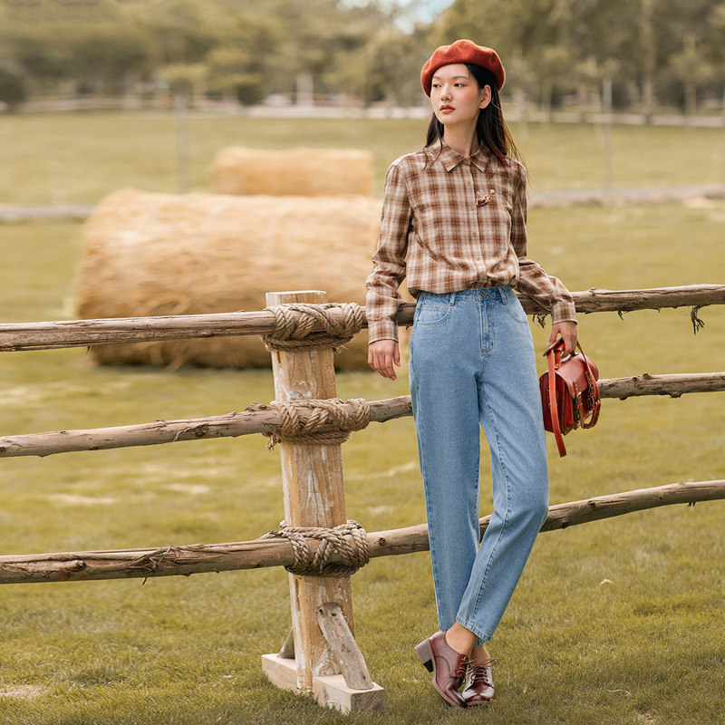 茵曼格子长袖纯棉宽松2020年衬衫 茵曼筱茵衬衫