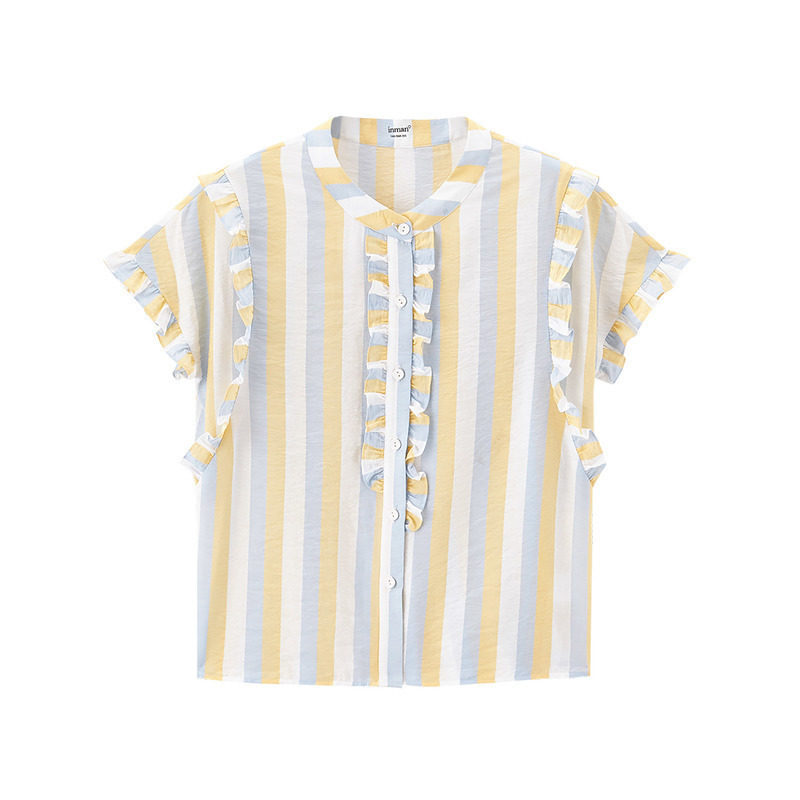 茵曼旗舰店花瓣袖短袖条纹女衬衫 茵曼田田极客T恤