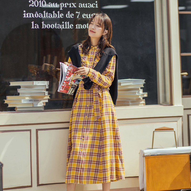 茵曼旗舰店格子2020秋装新款连衣裙 茵曼筱茵连衣裙