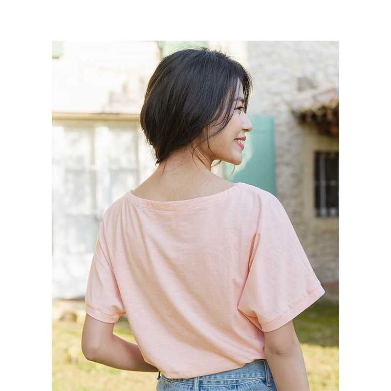 茵曼旗舰店特价清仓粉色大短袖t恤 茵曼翰飞T恤