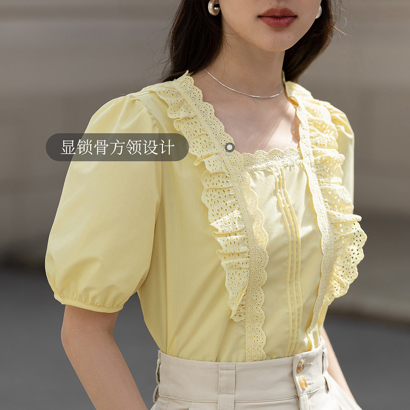 茵曼蕾丝花边方领泡泡短袖夏季衬衫 茵曼田田极客衬衫