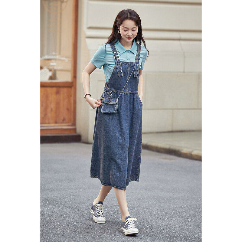 茵曼2022吊带韩式背带裙牛仔连衣裙 茵曼田田极客连衣裙