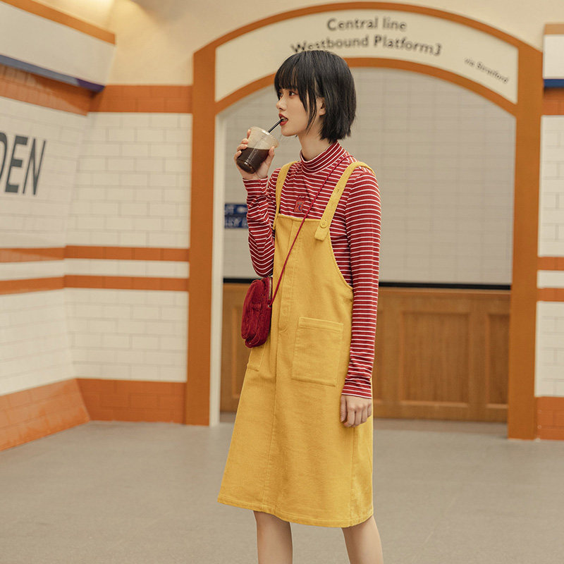 茵曼灯芯绒网红小个子吊带裙背带裙 茵曼筱茵连衣裙