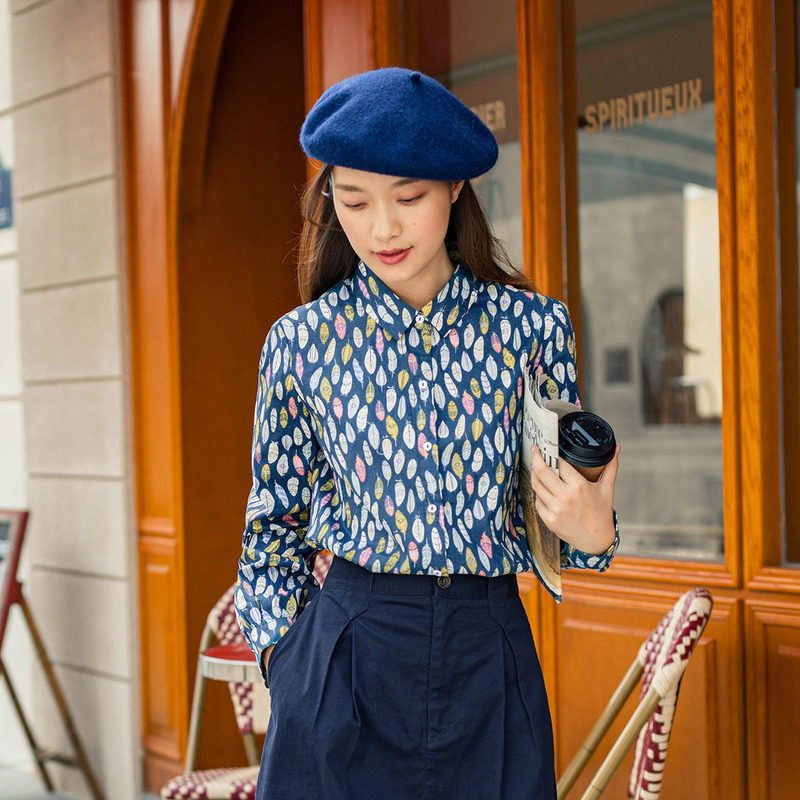 茵曼旗舰店长袖碎花复古港风花衬衫 茵曼筱茵衬衫