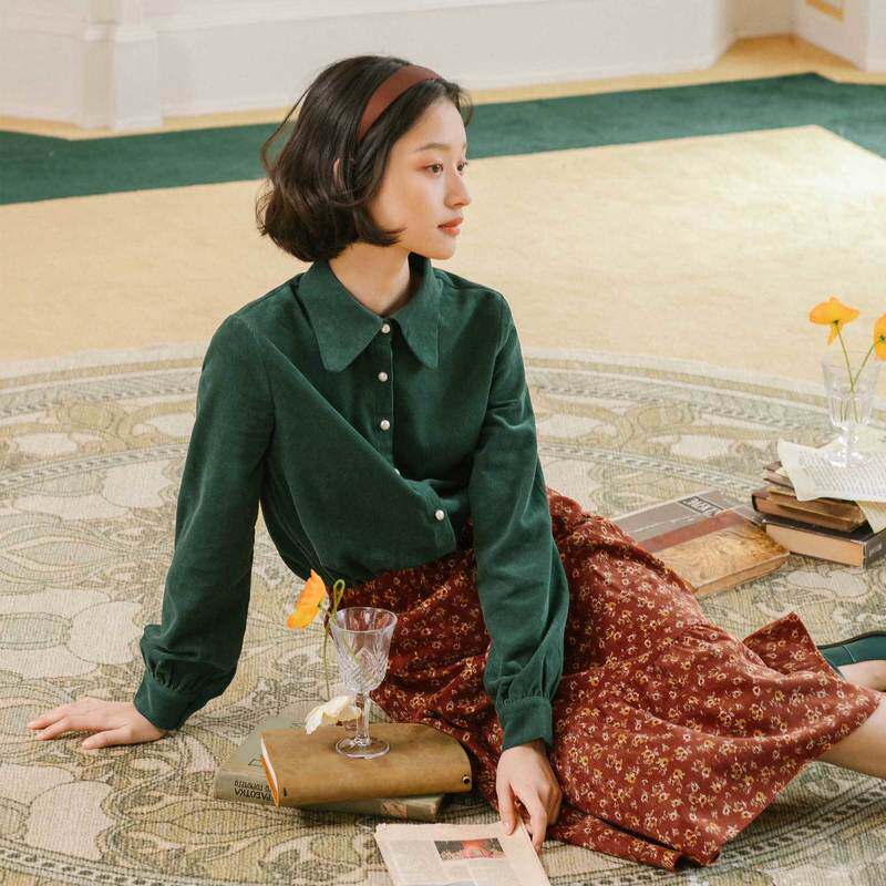 茵曼灯芯绒2020秋冬新款珍珠扣衬衫 茵曼筱茵衬衫