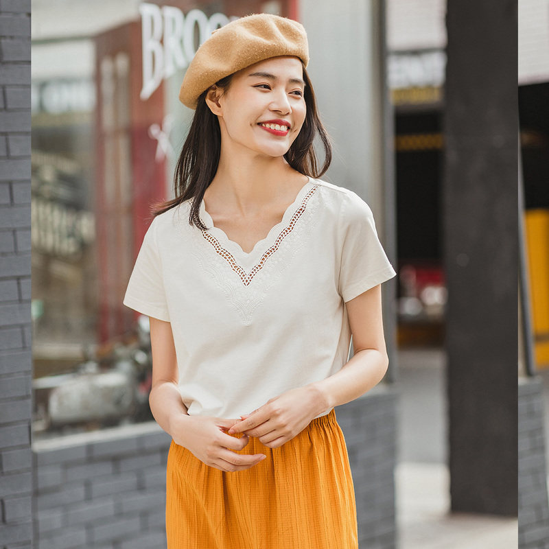 茵曼旗舰店女装夏季大领口v领上衣 茵曼翰飞T恤