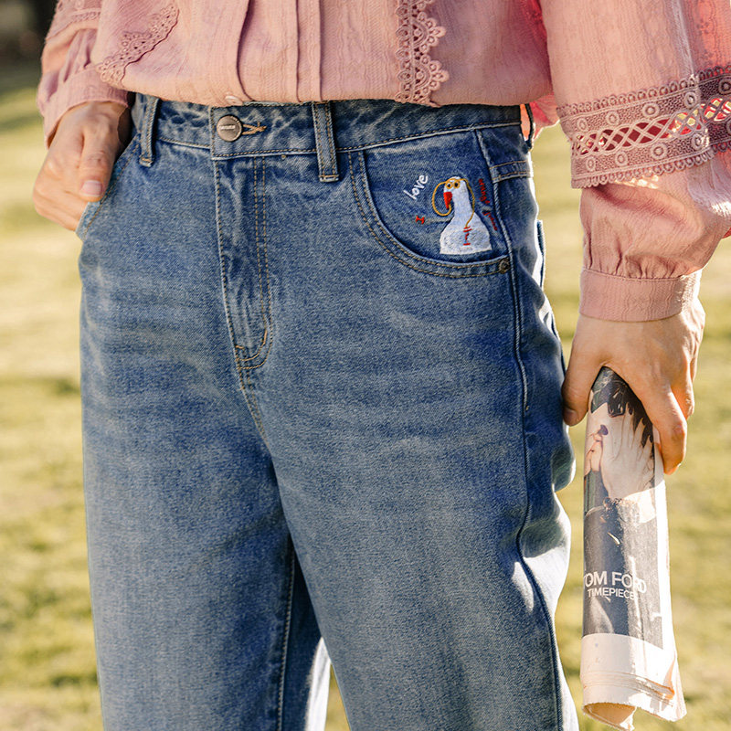 茵曼旗舰店纯棉绣花2020秋冬牛仔裤 茵曼筱茵牛仔裤