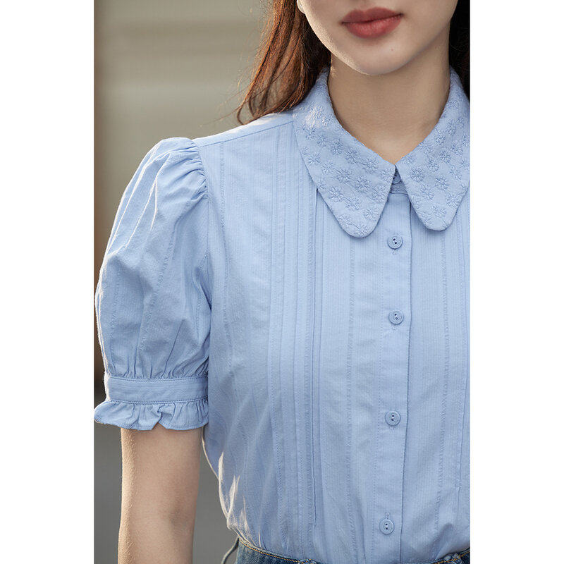 茵曼翻领花边短袖2022夏季新款衬衫 茵曼田田极客衬衫