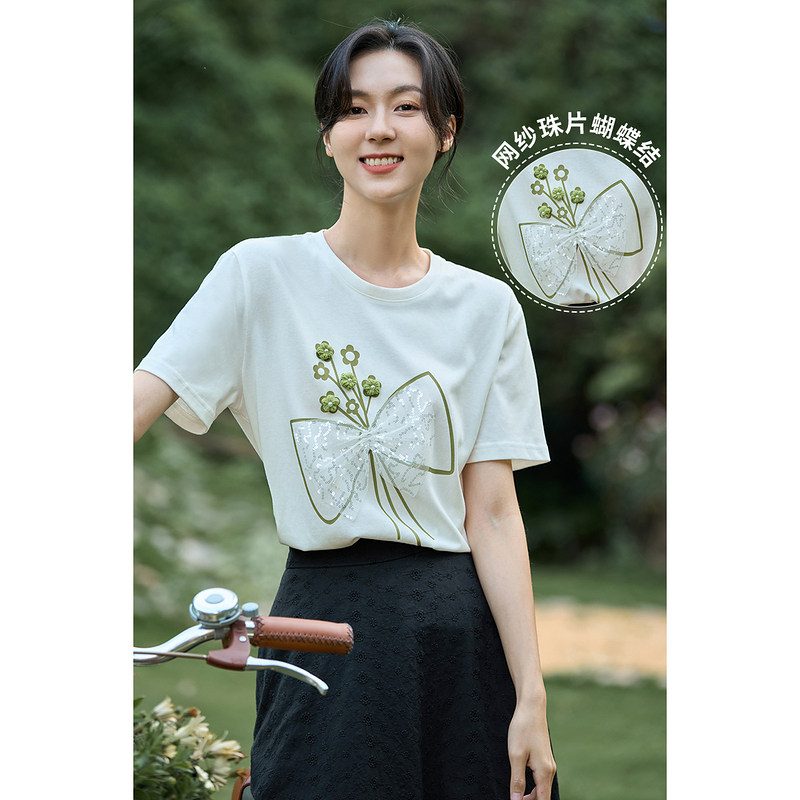 茵曼蝴蝶网纱印花拼接短袖2022 t恤 茵曼田田极客T恤