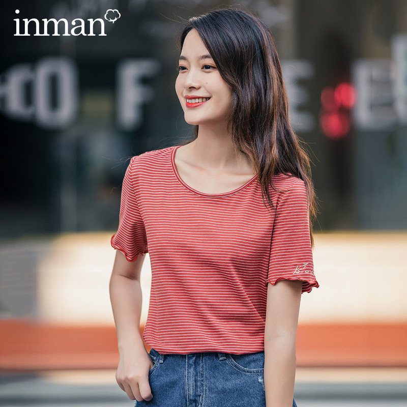 茵曼旗舰店休闲大u领口t桖t恤 茵曼翰飞T恤