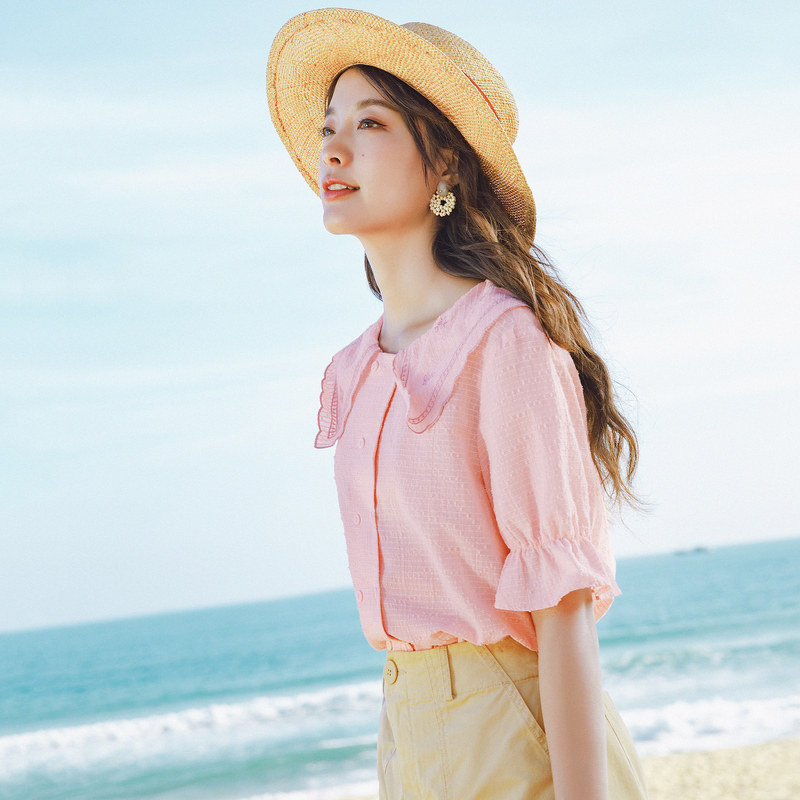 茵曼旗舰店法式短袖上衣女士衬衫 茵曼田田极客衬衫