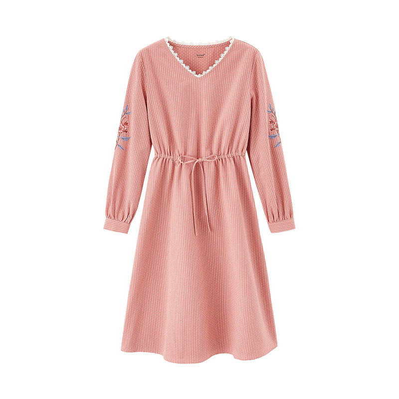 茵曼格子长袖法式过膝茶歇连衣裙 茵曼筱茵连衣裙