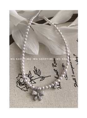 MG SHOPTIME韩小众微镶蝴蝶结吊坠曼塔玫瑰紫珍珠时尚项链铜镀金