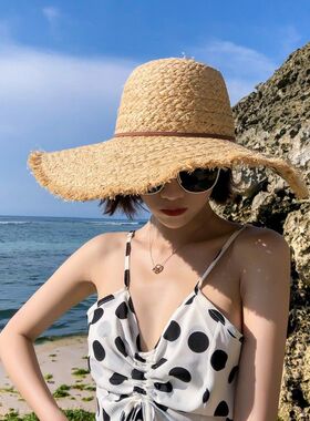 INS网红女拉菲草帽女夏天海边遮阳防晒度假字母大檐出游沙滩帽子