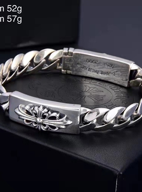 流行饰品欧美925纯银双面十字架手链 朋克帅气潮人复古泰银男手链