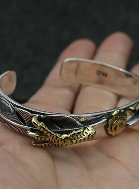 朋克风日式纯银羽毛鹰爪开口手环