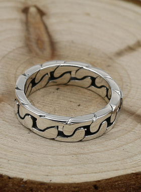 朋克风饰品光面纯银锁链戒指