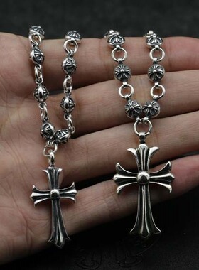 纯银长款朋克风毛衣链十字架吊坠