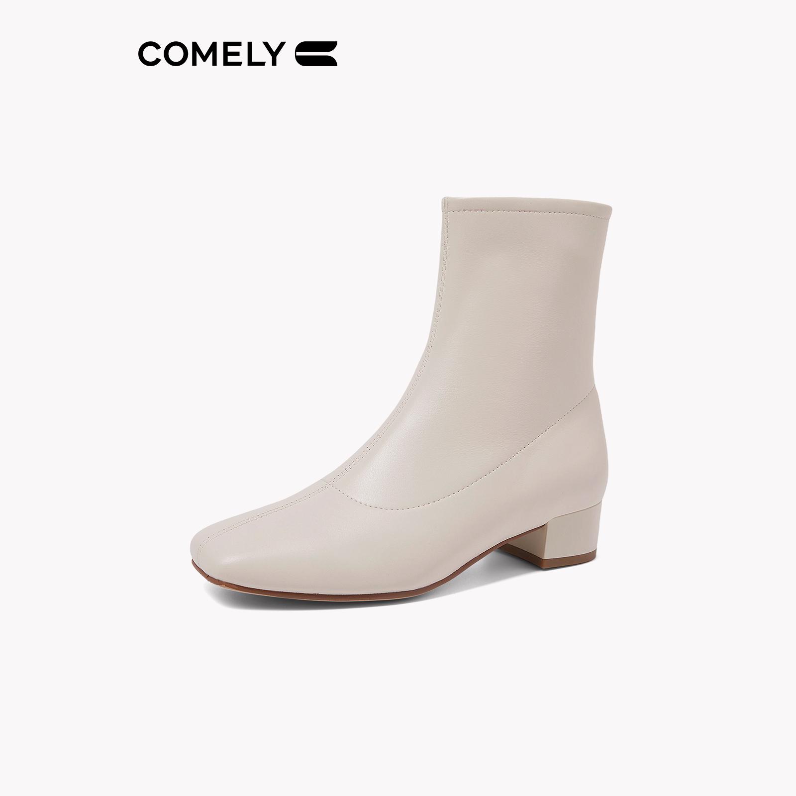 康莉新款羊皮靴子女秋冬加绒保暖通勤气质粗跟瘦瘦靴白色短靴 - 图0