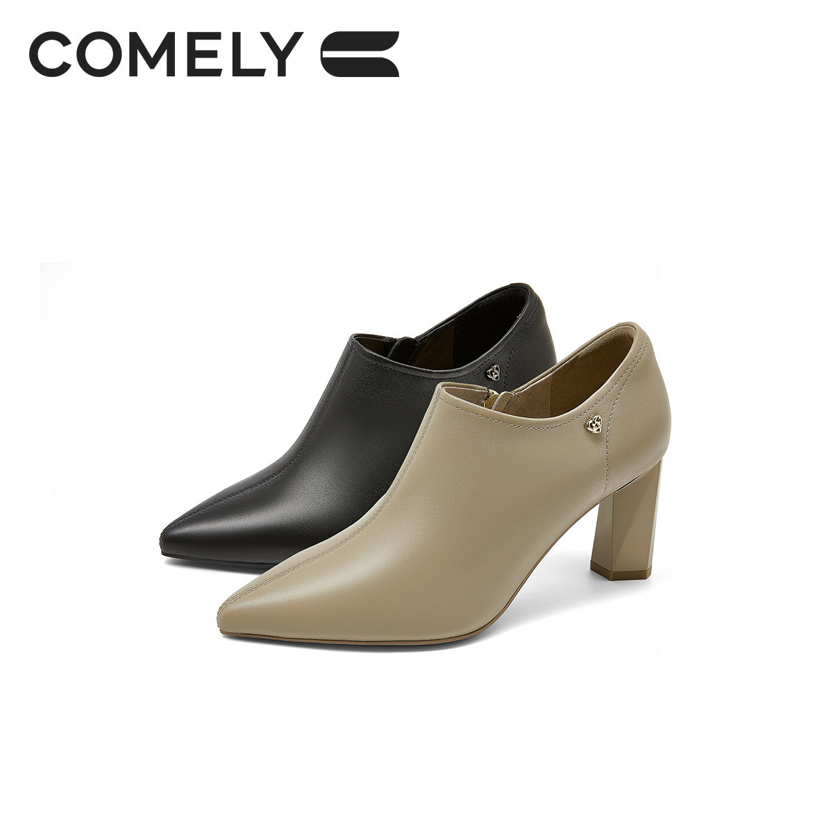 康莉羊皮深口粗跟单鞋2025秋冬新款真皮尖头高跟裸靴商场同款女鞋,淘宝优惠券,粉丝福利购,淘宝优惠卷