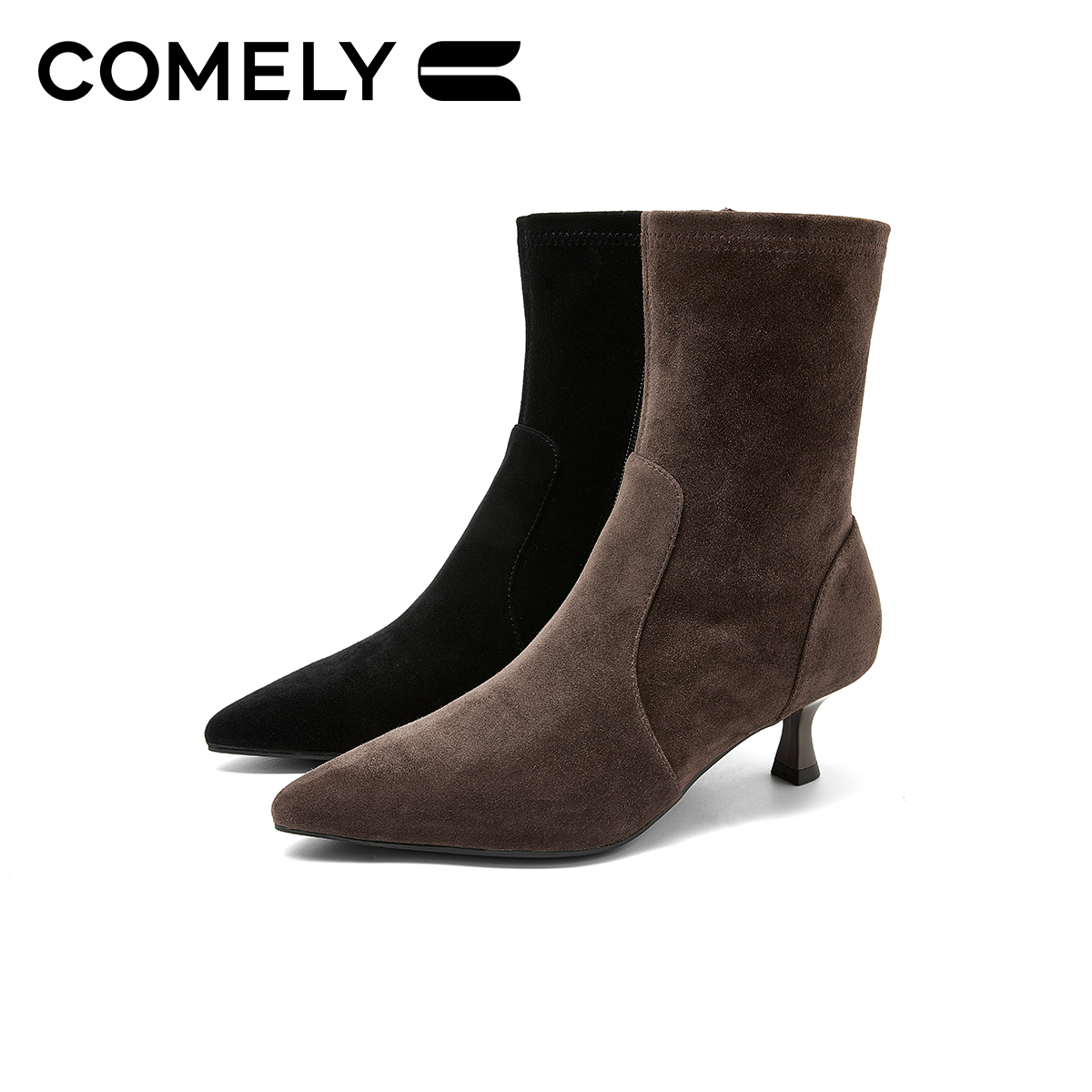 康莉细高跟弹力靴女25年秋冬新品真皮羊皮袜靴尖头时尚金属扣靴子 - 图0