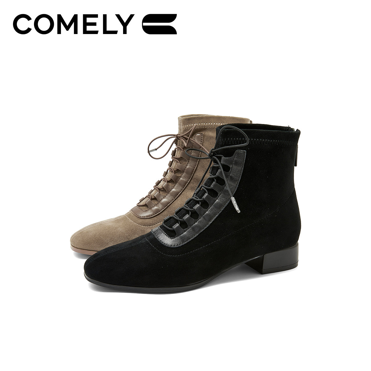 康莉商场同款时装靴2025秋冬新款羊皮低跟短靴绒面复古系带女靴子,淘宝优惠券,粉丝福利购,淘宝优惠卷