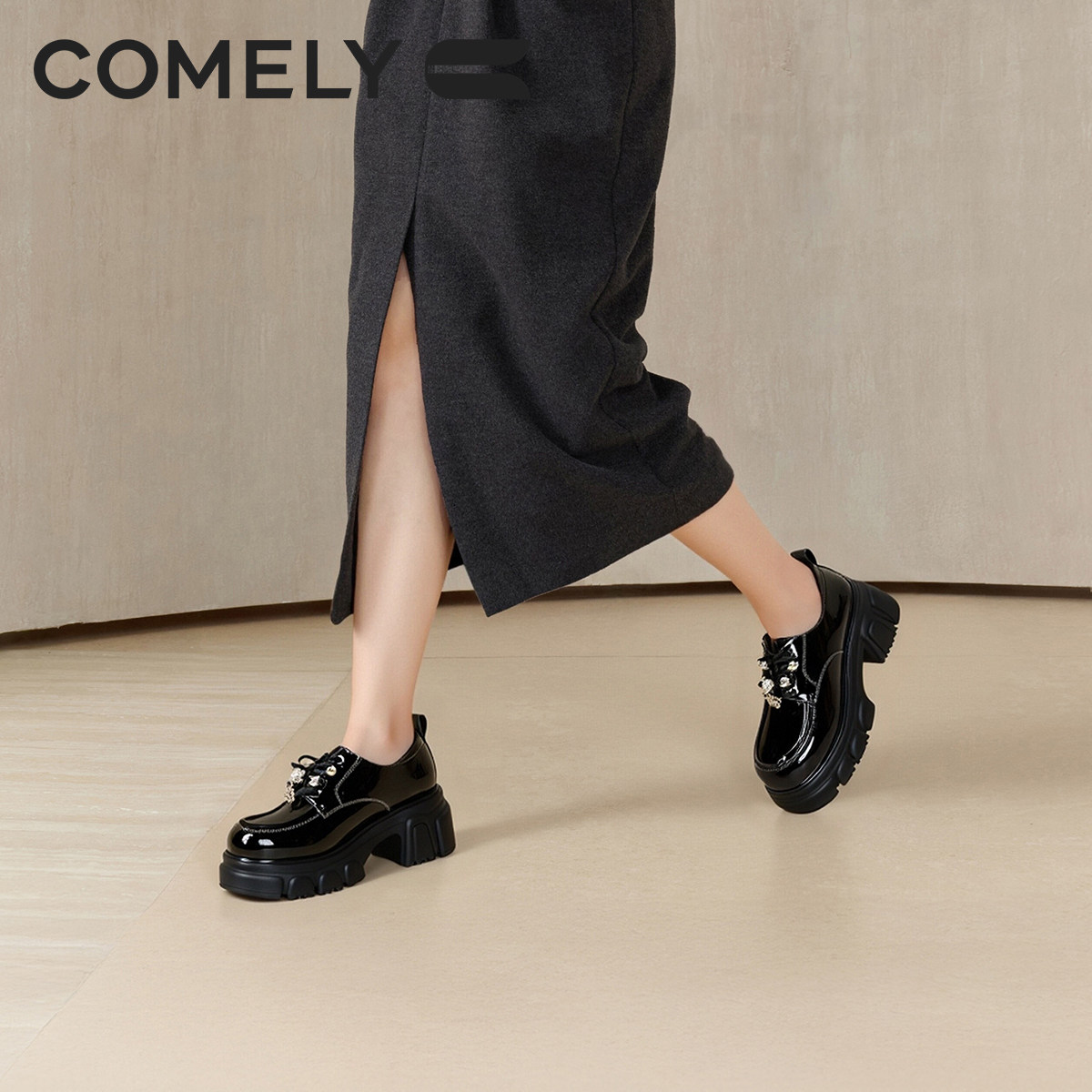 康莉厚底深口小皮鞋女26年春秋新款时尚系带圆头增高休闲漆皮单鞋,淘宝优惠券,粉丝福利购,淘宝优惠卷