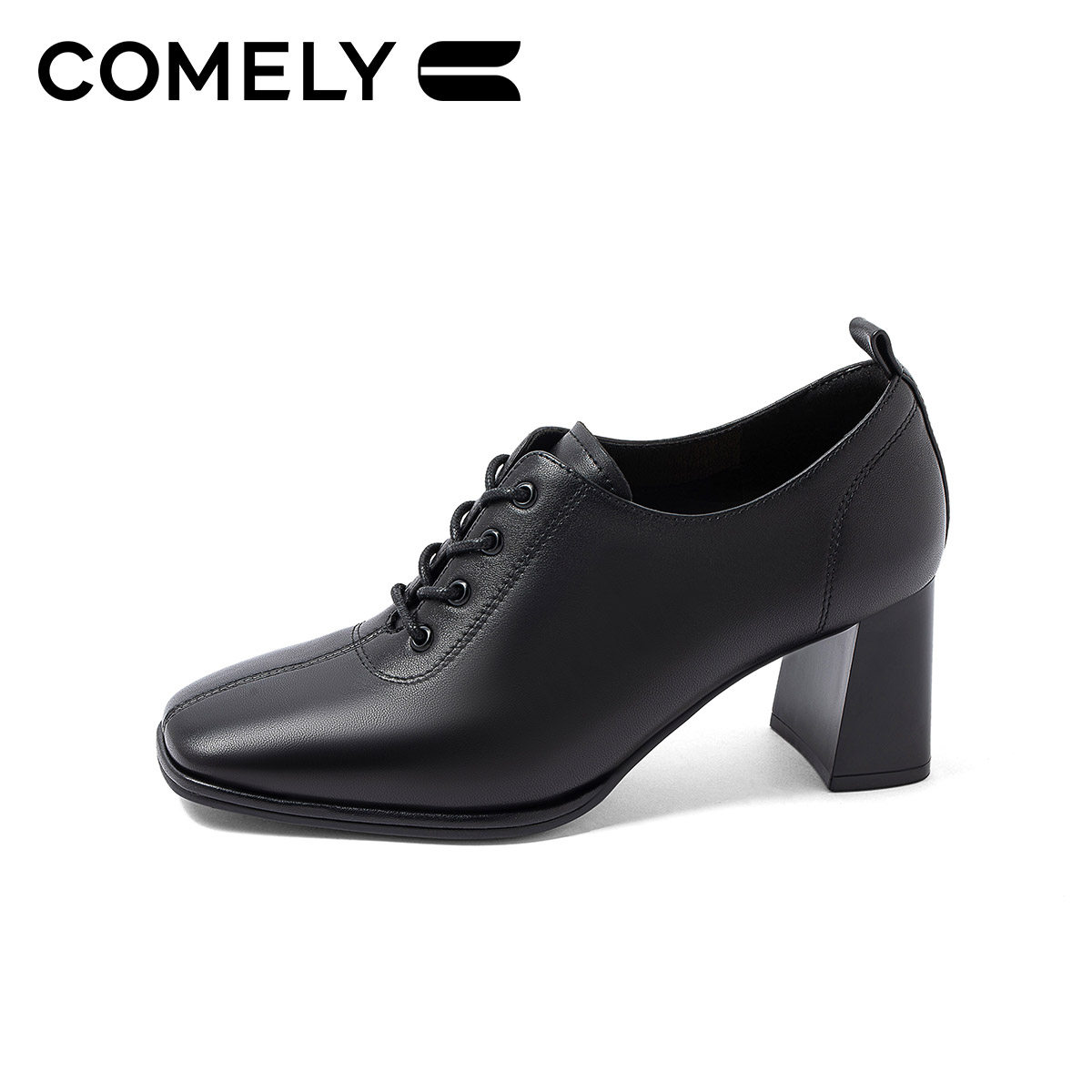 康莉黑色小皮鞋女粗跟年秋新款时尚方头系带法式裸靴深口单鞋,淘宝优惠券,粉丝福利购,淘宝优惠卷