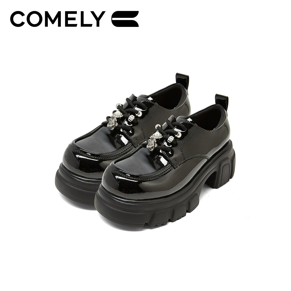 康莉厚底深口小皮鞋女26年春秋新款时尚系带圆头增高休闲漆皮单鞋,淘宝优惠券,粉丝福利购,淘宝优惠卷