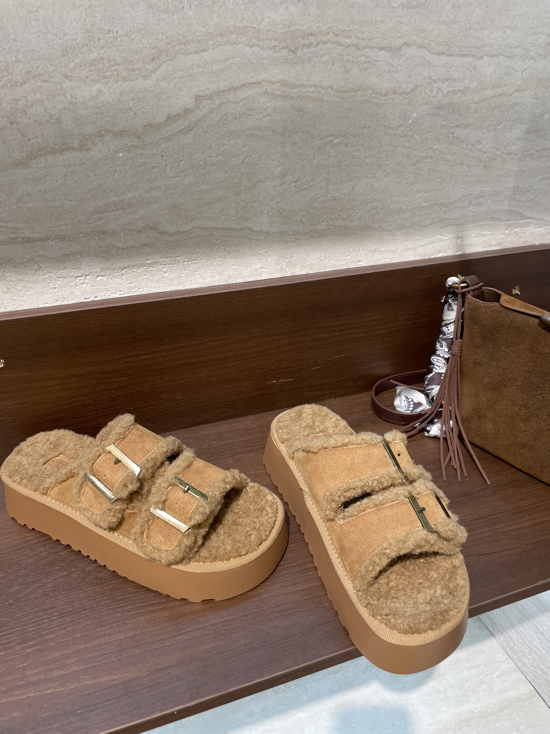 新款厚底一字拖增高外穿毛毛拖鞋女复古百搭松糕博肯鞋9033小E边 - 图3