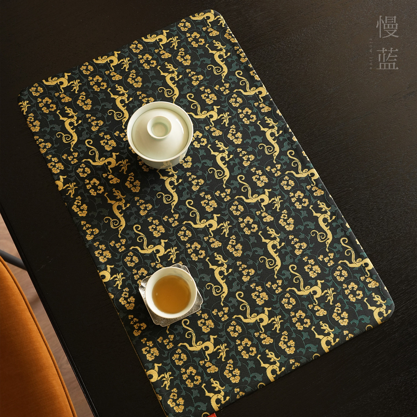 慢蓝 | 螭龙献瑞织锦双面印花茶席圆角中式布艺家用茶桌垫66*36cm,淘宝优惠券,粉丝福利购,淘宝优惠卷