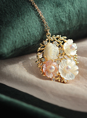 天然贝母手雕花14K包金原创项链