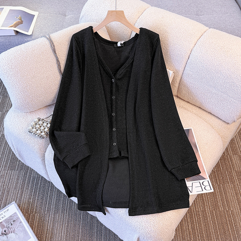 胖mm300斤特大码毛衣两件套女秋冬200时尚高级感吊带针织开衫套装 - 图0