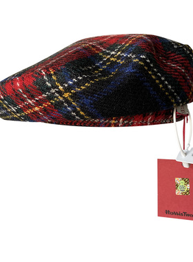 英国HarrisTweed红色格子帽子女100%纯羊毛哈里斯画家帽贝雷帽