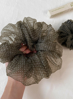 复古显白波点欧根纱大肠发圈咖色慵懒气质头绳扎丸子头皮筋发饰女