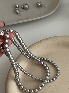 纯银元宝扣银灰色施家珍珠项链