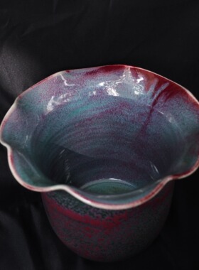 孤品中古日本制副岛四郎手作窑变蓝紫辰砂釉陶制花瓶 兰花盆