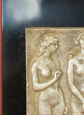孤品中古日本制高岗铸芸社职人手造铸铜三人艺术人像装饰挂画