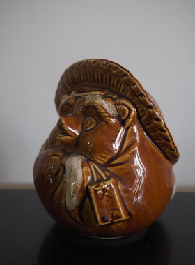 中古日本福狸摆件陶瓷酱色福狸