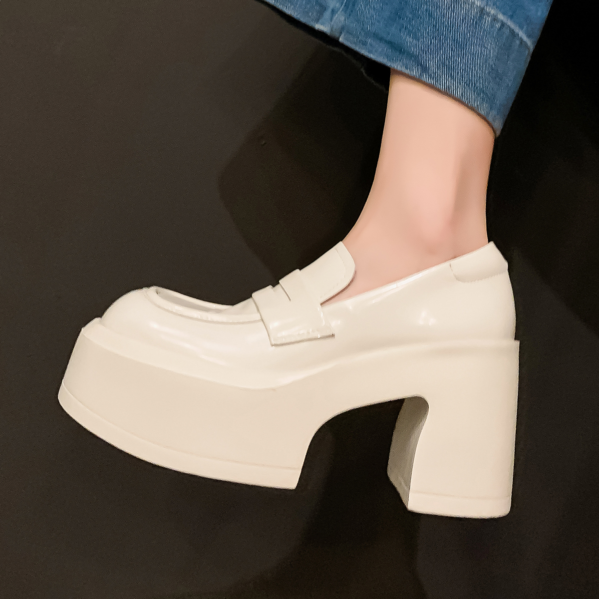 增高女鞋粗高跟休闲鞋真皮低帮单鞋松糕跟乐福鞋学院风四季鞋厚底 - 图1