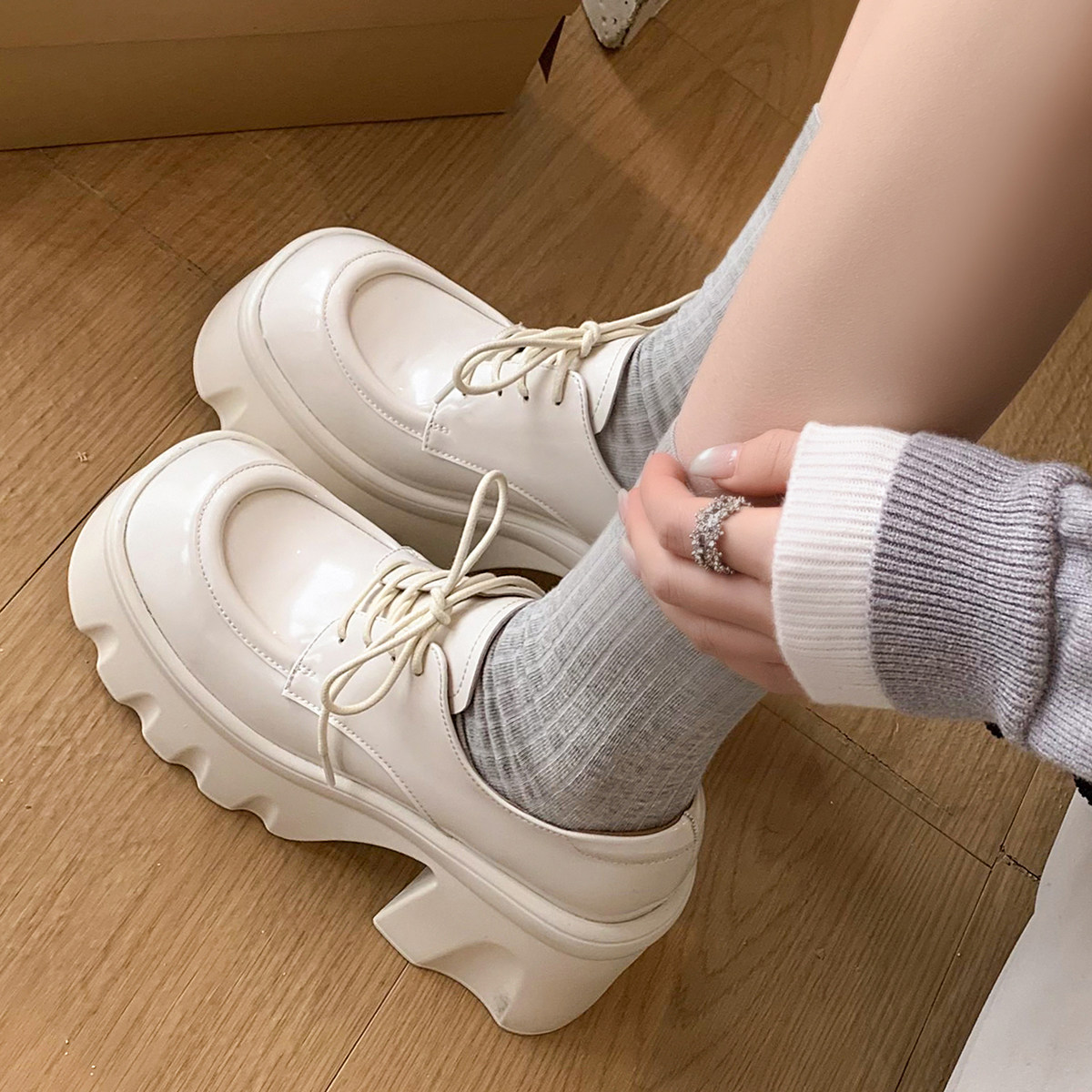 厚底增高女鞋粗高跟绑带休闲鞋全真皮四季单鞋松糕跟乐福鞋学院风,淘宝优惠券,粉丝福利购,淘宝优惠卷