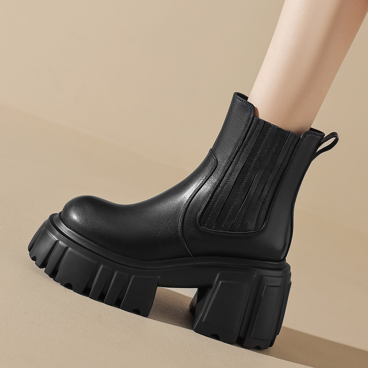 骑士靴全真皮短靴松糕跟机车单靴四季厚底女鞋粗高跟短筒靴子增高,淘宝优惠券,粉丝福利购,淘宝优惠卷