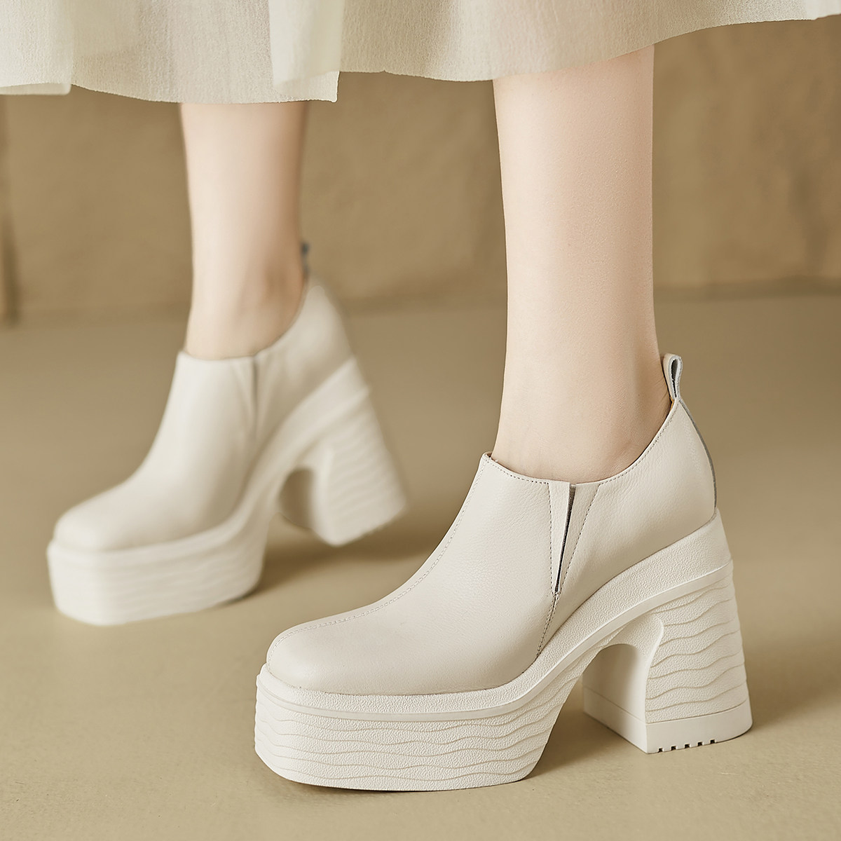 全真皮单鞋粗高跟方头鞋小个子厚底女鞋增高四季鞋松糕休闲鞋低帮,淘宝优惠券,粉丝福利购,淘宝优惠卷