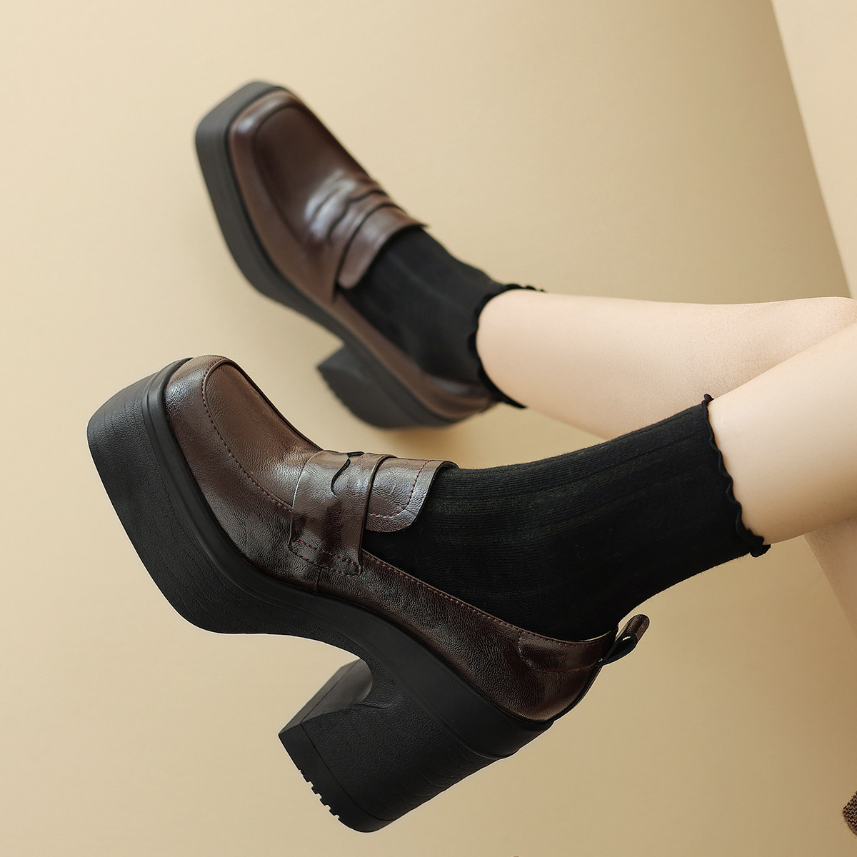 全真皮单鞋粗高跟方头鞋小个子厚底女鞋JK学院风四季鞋深口休闲鞋,淘宝优惠券,粉丝福利购,淘宝优惠卷