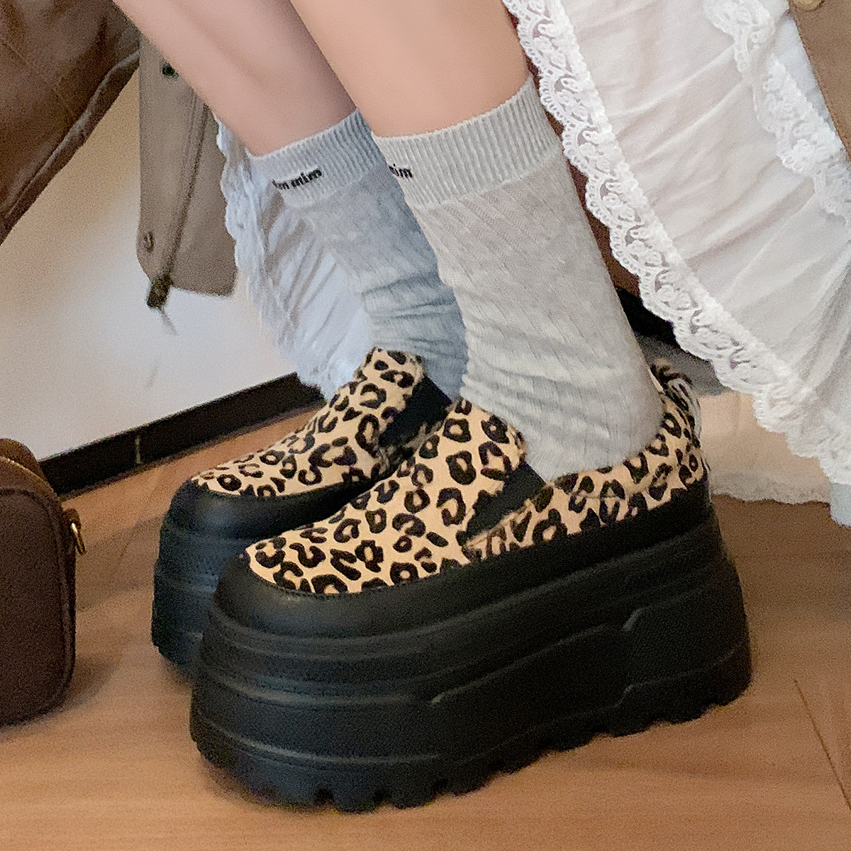 增高鞋豹纹女鞋松糕跟休闲鞋全真皮单鞋厚底四季鞋马毛乐福鞋坡跟,淘宝优惠券,粉丝福利购,淘宝优惠卷