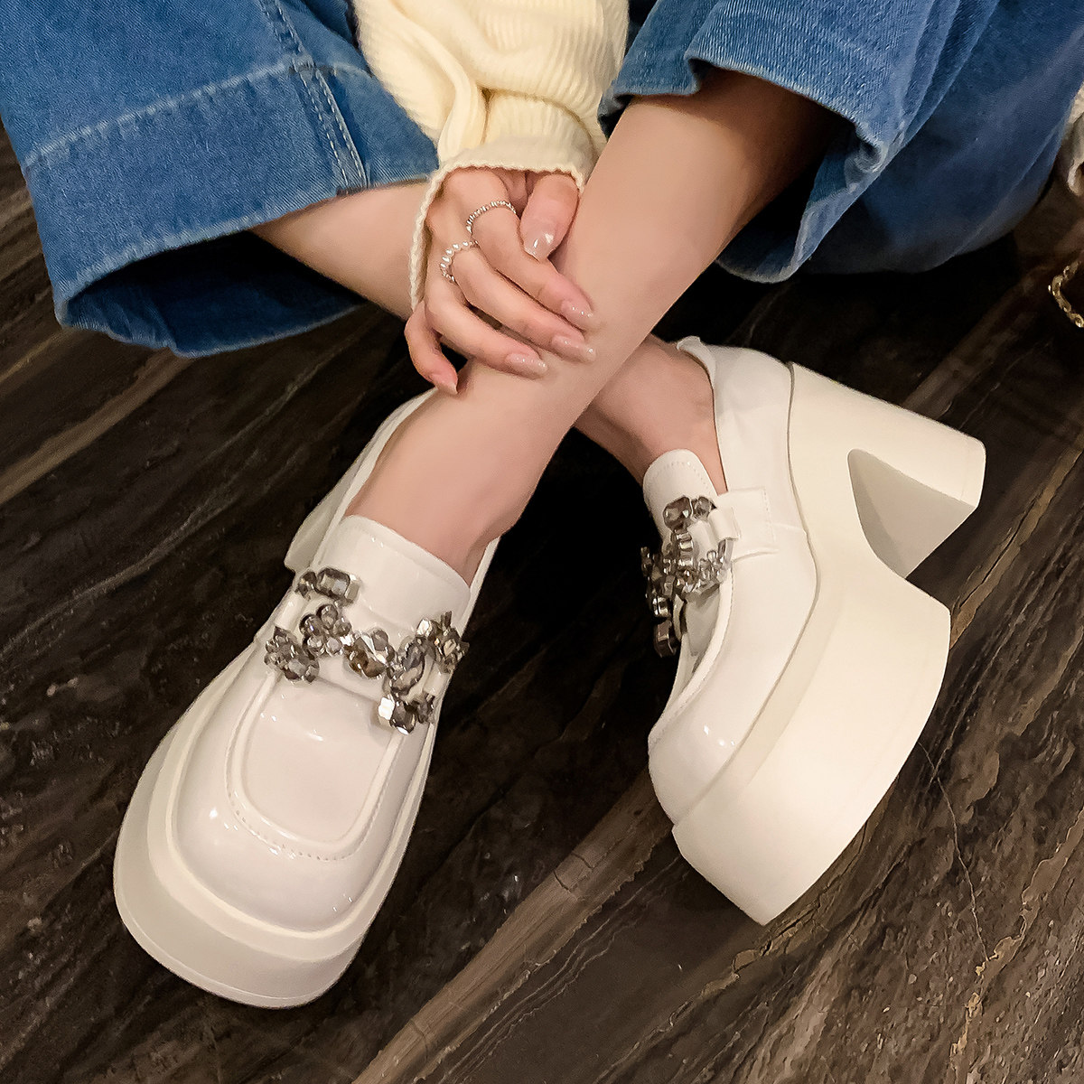 学院风增高女鞋粗高跟休闲鞋真皮低帮单鞋松糕跟厚底乐福鞋金属扣,淘宝优惠券,粉丝福利购,淘宝优惠卷