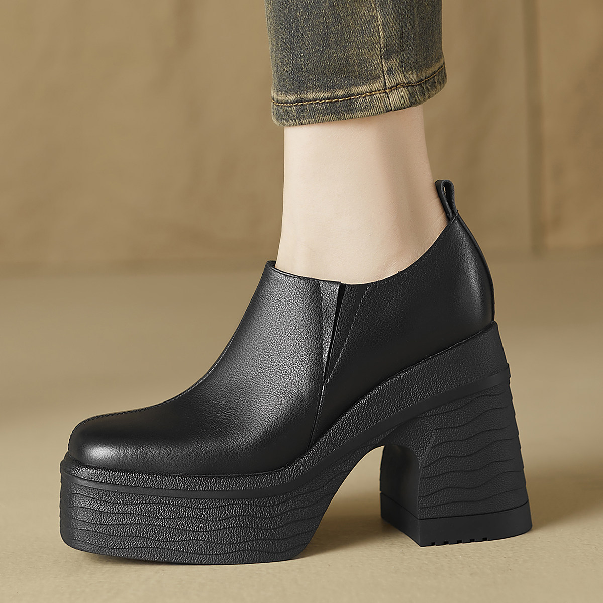 全真皮单鞋粗高跟方头鞋小个子厚底女鞋增高四季鞋松糕休闲鞋低帮,淘宝优惠券,粉丝福利购,淘宝优惠卷