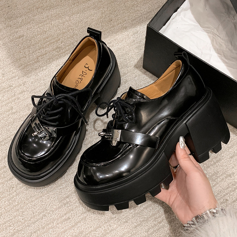 2024春新款松糕女鞋粗跟厚底休闲鞋真皮单鞋学院风金属乐福鞋绑带,淘宝优惠券,粉丝福利购,淘宝优惠卷
