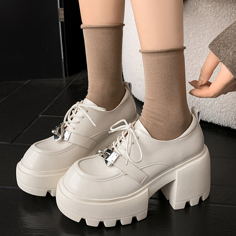 2024春新款松糕女鞋粗跟厚底休闲鞋真皮单鞋学院风金属乐福鞋绑带,淘宝优惠券,粉丝福利购,淘宝优惠卷